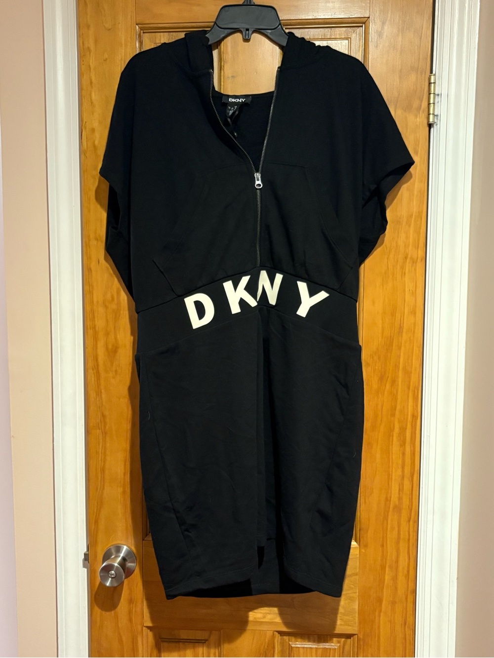 DKNY Black Hooded Zip Dress with Logo Waist